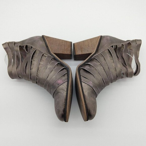 Free People Hybrid Metallic Leather Strappy Heel Ankle Boots Size 10 40 Pewter - Picture 4 of 9